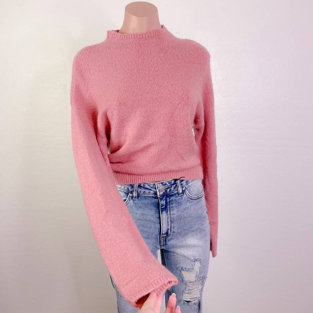 WAYF Mock Neck Tie Long Sleeve Pullover Soft Wool Sweater Blush Pink size XS NEW